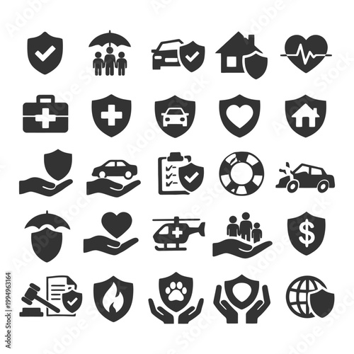 Insurance icon set: health, car, home, life, travel, legal, animal, finance.