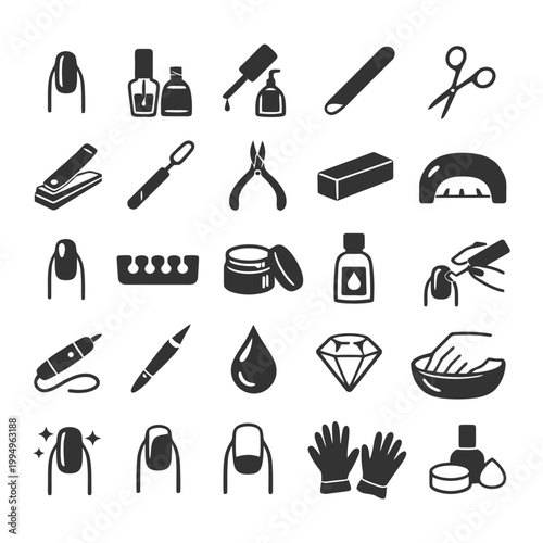 Variety of nail care tools and products for professional manicure and pedicure.