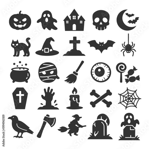Halloween icons collection: spooky symbols and decorations.