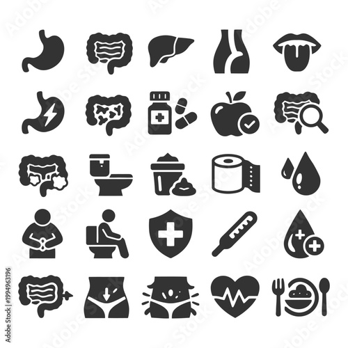 Collection of health-related icons featuring digestive system and medical symbols.
