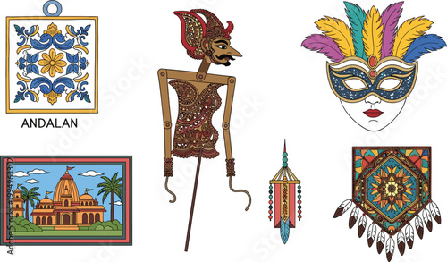 A collection of traditional cultural artifacts featuring Indonesian wayang puppets, ornate masks, decorative tiles, and ethnic art elements for diverse design projects.