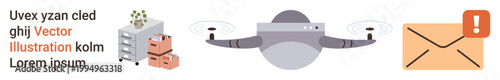 quadcopter technology, logistics, package delivery, communication alerts, e-commerce, modern shipping. A Quadcopter flying, stacked boxes a letter with an alert. Logistics and package delivery