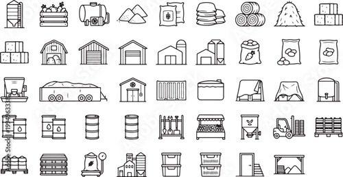 Farm storage agriculture warehouse grain silo hay bale livestock feed container packaging barn supply outline vector icon set rural storage collection