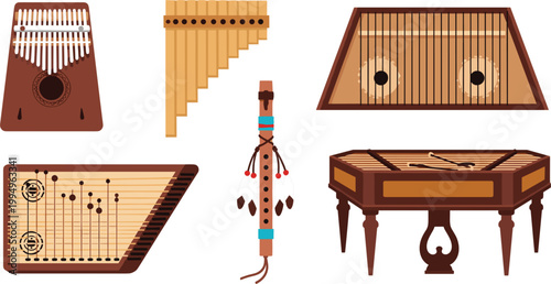 A collection of traditional folk musical instruments including kalimba, pan flute, hammered dulcimer, and ethnic flutes, perfect for world music and acoustic design projects.