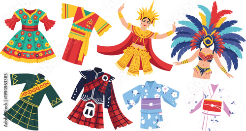 A collection of traditional international costumes including carnival outfits, Asian kimonos, Scottish kilts, and festive dresses representing various global cultures and world heritage fashion.