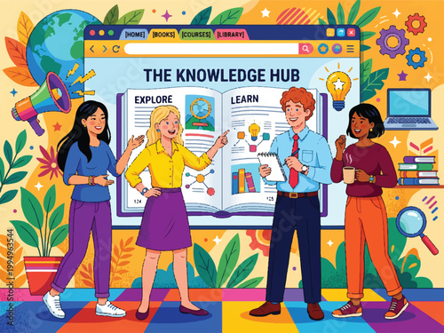 Four people standing in front of large computer screen with educational content  learning and exploration concept