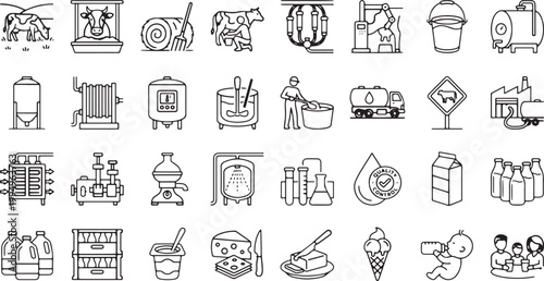 Dairy production processing line icon set milk cheese butter yogurt factory equipment livestock milking packaging outline vector collection