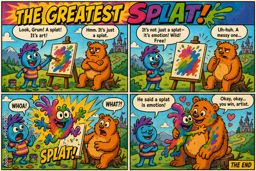 Colorful Funny Comic Strip with Blue Monster and Orange Bear Creating Greatest Paint Splat Cartoon Illustration