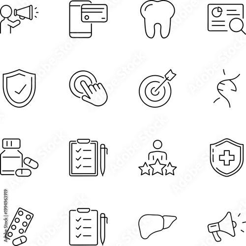 medical icons set for healthcare and science, tooth, shield, DNA, pills, liver