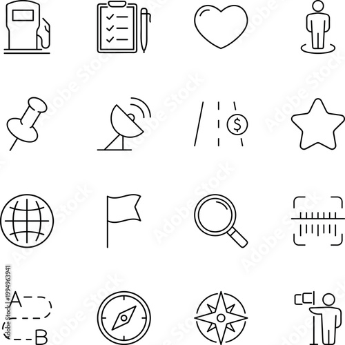 navigation icons set for travel planning, gas pump, clipboard, heart, person, pushpin, satellite dish, road, star