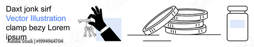 Finance, security, healthcare, savings, investment, and decision-making. A hand holding keys, stacked coins and a medicine bottle in clean line art. Finance and healthcare concept