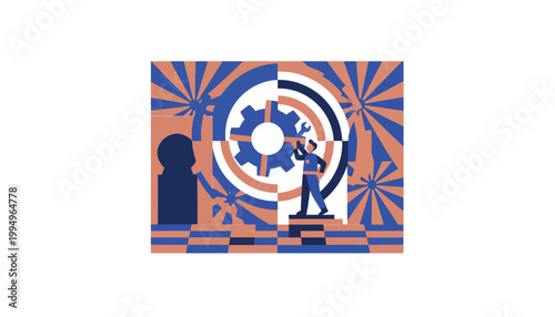 Geometric Flat Illustration of a Technician with Wrench Adjusting a Large Gear, Symbolizing Business Process Optimization and System Maintenance