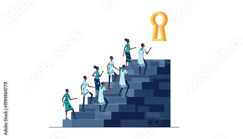 Diverse African People Climbing Stairs Towards a Glowing Keyhole Success Concept Illustration