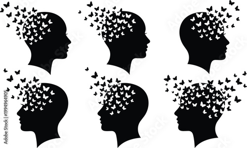 human head silhouettes butterflies mind freedom mental health imagination  head silhouettes butterflies mind freedom mental health imagination psychology concept isolated illustration set