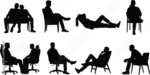 silhouette, men, sitting, reclining, chair, poses, body language, relaxation, stress, office, posture, collection, people, black, white