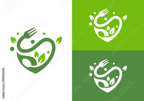 Abstract heart-shaped logo template with cutlery and leaves. Logo for green food lovers, organic food lovers, healthy food symbols, health nutrition, and diet menus.