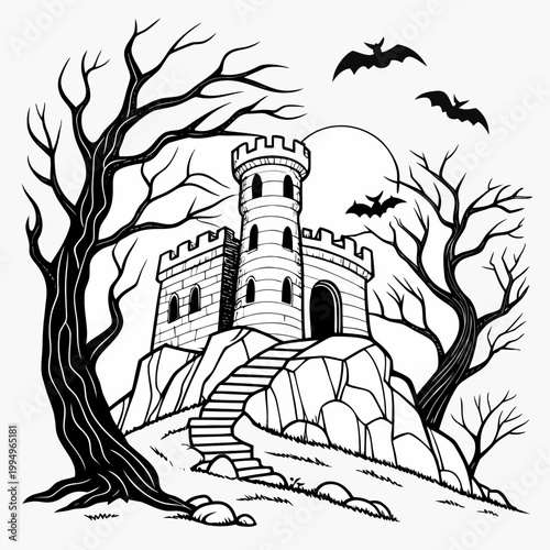 The Hollow of Haunted Lanterns black and white coloring page of vector illustration