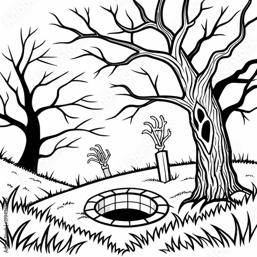 The Hollow Grave Pit black and white coloring page of vector illustration
