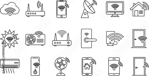 Smart Home WiFi Icons Set with Wireless Devices Router Signal Technology Symbols for Network Connectivity Design