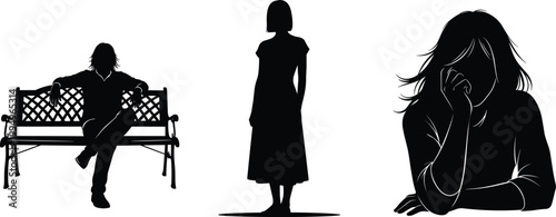 women silhouettes bench sitting standing thinking sad emotion loneliness lifestyle isolated black silhouettes bench sitting standing thinking sad