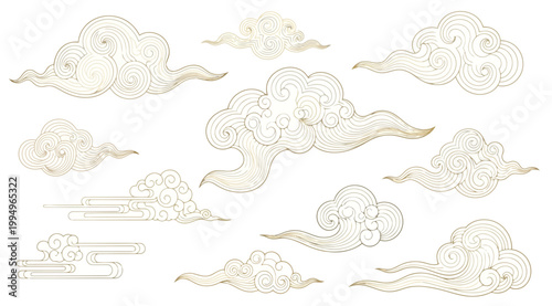 Set of traditional chinese clouds, auspicious cloud patterns, oriental style line art, vector illustration