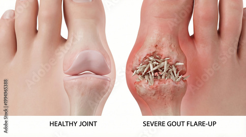 ​3D Medical Illustration of Healthy Joint vs Severe Gout Flare-Up