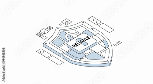 Isometric 3D Cybersecurity Shield and Padlock Icon with Reliable Text for Data Protection and Digital Privacy Concept