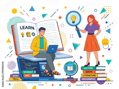 Man sitting on stack of books with laptop and woman holding magnifying glass with light bulb  learning and education concept with colorful geometric shapes