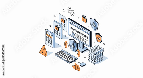 Ransomware Attack and Cybersecurity Concept Illustration with Locked Files, Shield Protection, and Computer Desktop in Isometric Style