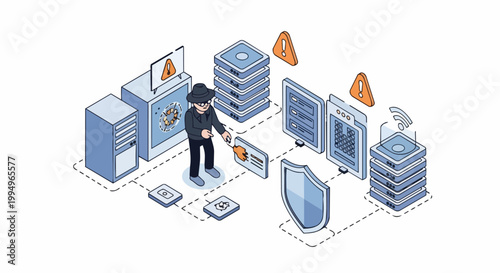 Isometric Cyber Security Illustration of Hacker Attacking Data Center Server Room and Stealing Information