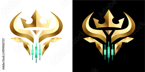 Striking 3D-rendered golden bull head emblem featuring illuminated teal horns, presented on contrasting white and black backgrounds. Ideal for corporate branding, financial logos, sports team insignia
