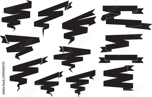 Collection of black ribbon banners isolated on checkered background vector illustration.
