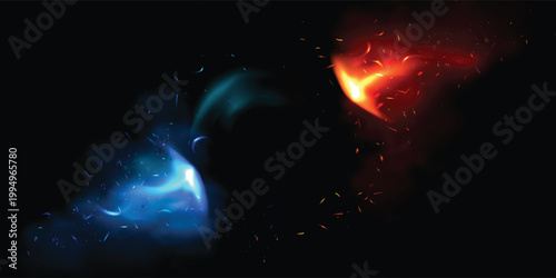 Dynamic cinematic blast of fire and ice with glowing embers, sparks, and smoke on a dark background. Powerful elemental contrast ideal for gaming, fantasy branding, and epic digital art.