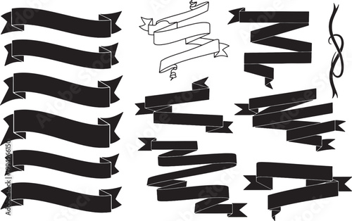 Collection of various black ribbon banners on checkered background vector.