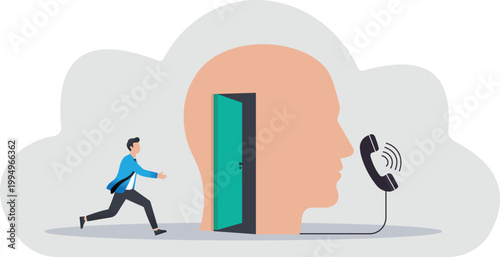 Businessman entering a door in a human head profile