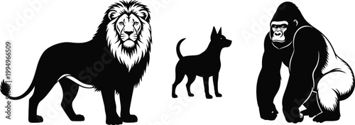 Vector Silhouette Collection Featuring a Flying Pterodactyl Dinosaur, Majestic Deer with Antlers, Pet Cat, and Husky Dog Isolated on White Background,