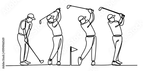Continuous line drawing of a man playing golf showing the full swing sequence with a golf club and flag Vector, illustration