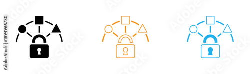 Data security illustration two connected lock and key systems with geometric shapes