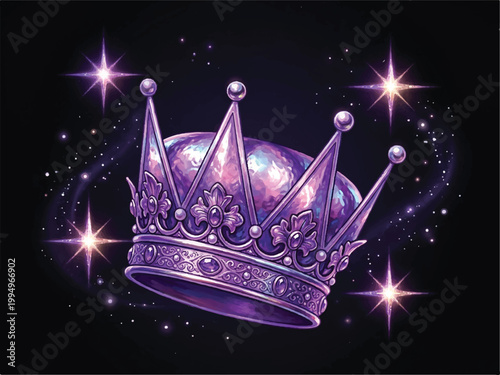 Purple crown with gemstones and stars in space  royal luxury crown with sparkling jewels and celestial background