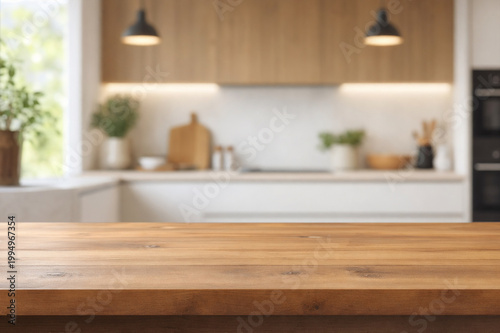 wooden top table with blurry background kitchen area