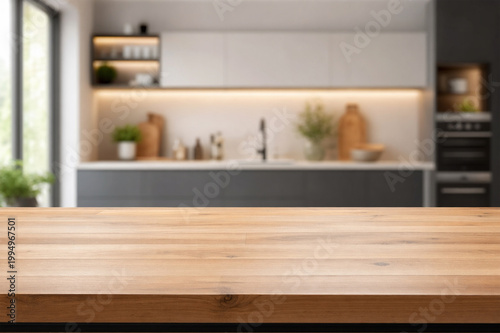 wooden top table with blurry background kitchen area