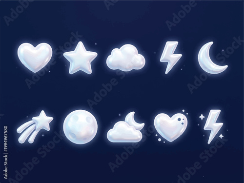 Shining white heart star cloud lightning moon meteor and planet icons on dark blue background