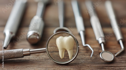 Tooth Under Magnifying Glass Close Up Dental Inspection Concept