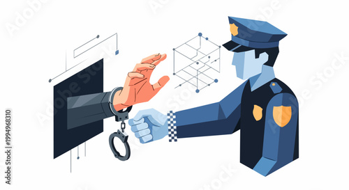 Cybercrime Law Enforcement Illustration: Police Officer Arresting Hacker Through Digital Portal with Handcuffs for Online Security and Data Protection
