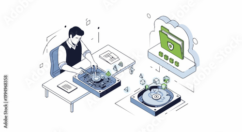 IT Specialist Performing Data Recovery and Cloud Backup, Professional System Maintenance and Cybersecurity Concept Isometric Vector Illustration