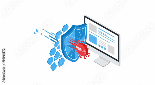 Isometric Cybersecurity Concept: Blue Shield Protecting Computer from Red Virus Attack