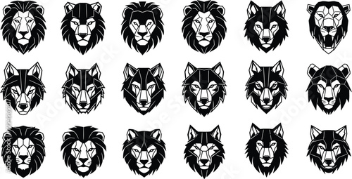 A set of black and white vector illustrations of lion and wolf heads in various designs