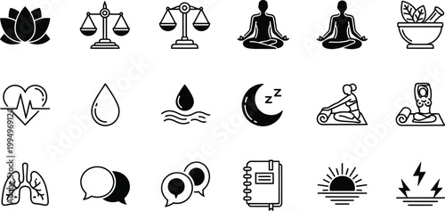 A set of black and white vector icons representing wellness and self-care concepts