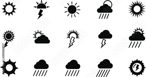 A set of black and white weather icons featuring sun, cloud, rain, and lightning symbols in a flat design style
