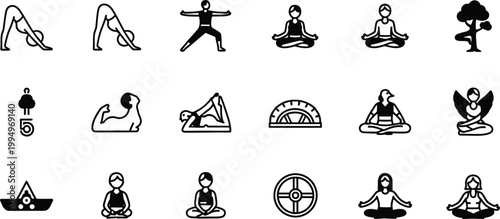 A set of black and white yoga icons and illustrations in various poses and styles